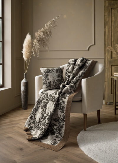 Coperta Plaid con Motivo Foglie DALIA, 150×200 cm, Beige e Verde