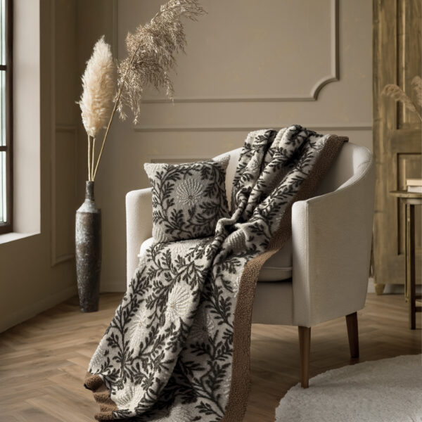 Coperta Plaid con Motivo Foglie DALIA, 150×200 cm, Beige e Verde