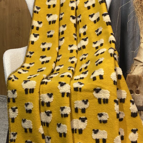 Coperta di lana con PECORELLE, stile montagna, colore giallo, 150×170 cm