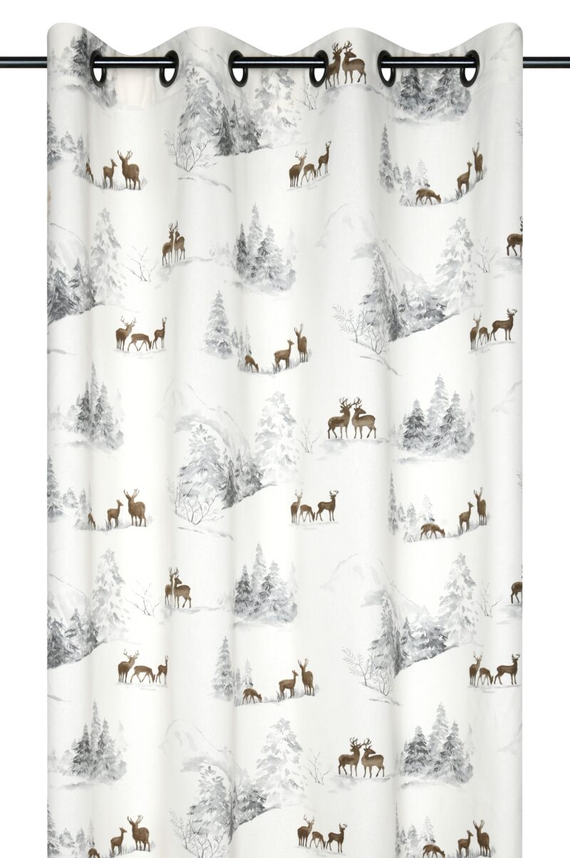 Tenda stampata con cervi e bosco invernale, anelli fissi, 140×240 cm