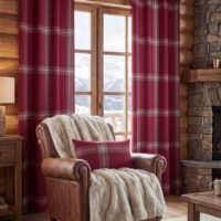 Tenda a Quadri Scozzesi Beige, effetto lana con occhielli fissi, beige, 140×260 cm