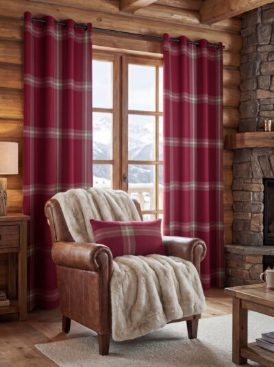 Tenda a Quadri Scozzesi Rosso, effetto lana con occhielli fissi, rosso, 140×260 cm