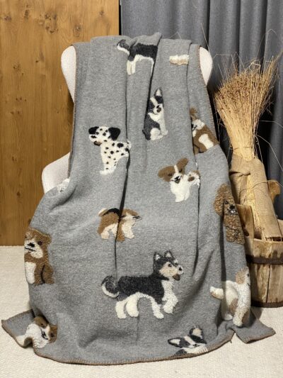 Coperta in lana mista, fantasia cagnolini, 150×170 cm, grigio antracite