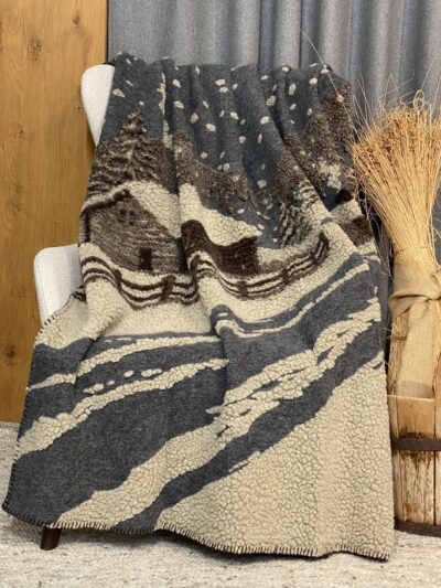 Coperta in Lana, Baita e Paesaggio Invernale, 150×170 cm, grigio scuro, stile Chalet